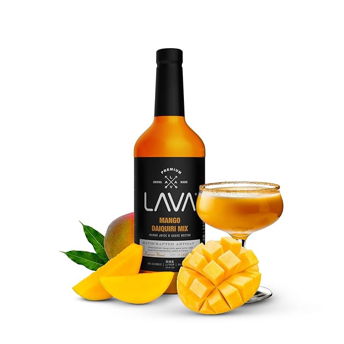 LAVA Premium Mango Daiquiri Mixer Made with Real Mango Juice, Cane Sugar, Agave Nectar. No Artificial Sweeteners, Flavors, or Colors. Gluten Free, Vegan, Non-GMO. 1-liter (33.8oz) Glass Bottle