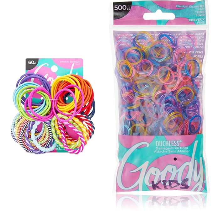 Goody Kids 60 Count Ouchless Elastic Hair Ties, Brights or Pastels + 500 Count Assorted Color Polybands