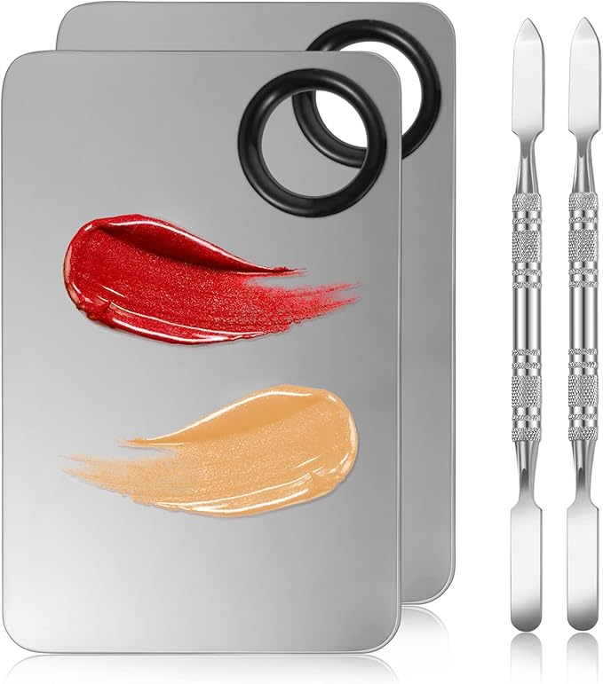 4 in 2 Set Makeup Mixing Palette, Stainless Steel Foundation Palette with Spatula for Mixing Foundation Eye Shadow Eyelash Nail Art