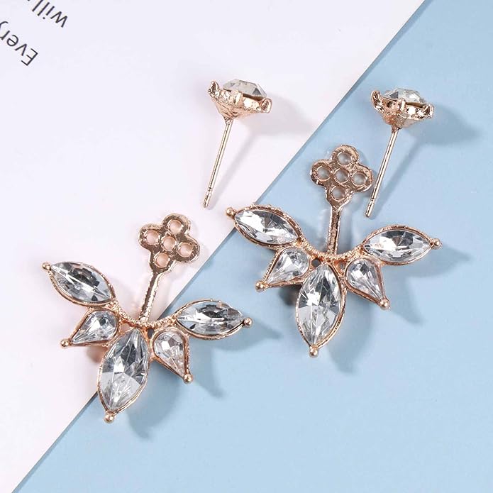 Boho Crystal Lotus Jackets Earrings Gold Crystal Studs Earrings Sparkle Rhinestone Ear Jackets Earrings CZ Ear Climber Earrings Wedding Earrings Jewelry for Women and Girls