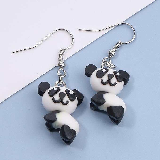 Soft Pottery Panda Earrings Cute Panda Bear Drop Dangle Earrings 3D Animal Earrings Innovative Clay Earrings Jewelry for Women and Teen Girls Gifts