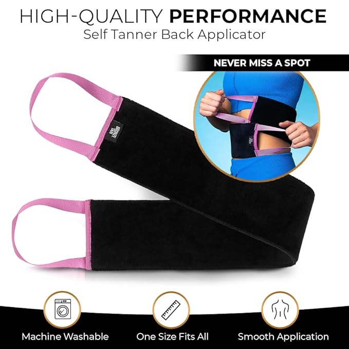 Bronze Tan Self Tanner Back Applicator - Tanning Mitt For Sunless Tanning Mousse or Lotion - Tan your Back Quickly and Easily - Self Tanning Back Applicator - Black with Pink Handles