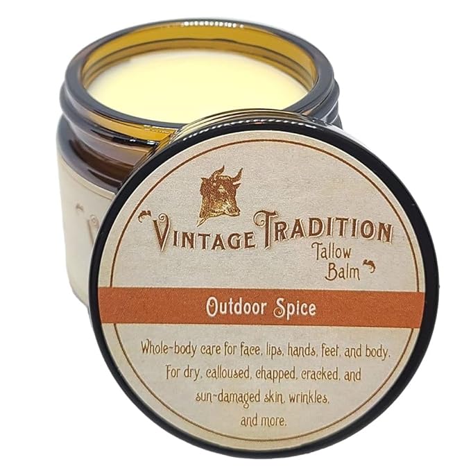 Vintage Tradition Beef Tallow All Purpose Balm - Healing, Hydrating Spice Oils Skin Care Salve Replaces Body Lotion, Hand Cream, More - Essential Oil, Olive Oil, and Grass-Fed Tallow, 2 fl. oz.