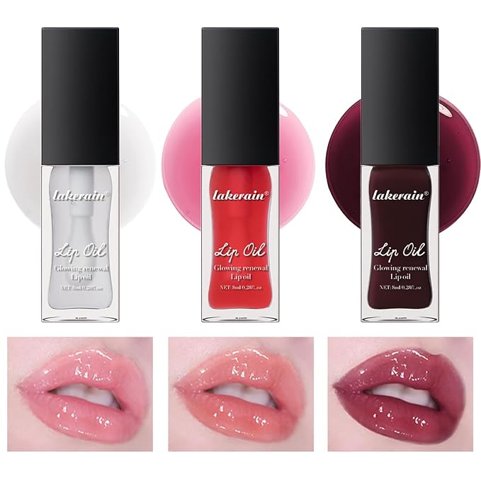 3 Colors Glow Lip Oil Tinted, Nourishing Tinted Lip Glow Oil For A High-shine Finish, Moisturizing Fat Oil for Dry Lip, Shiny and Vegan Tinted Lip Oil (Clear+Jam+Pink)