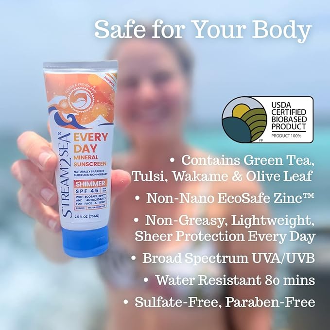 SPF 45 Every Day Shimmer Mineral Sunscreen | 2.5 Fl Oz Biodegradable, Paraben Free & Reef Safe Sunscreen | Non-Greasy, Lightweight & Shimmer Mineral Protection Against UVA & UVB for Face & Body