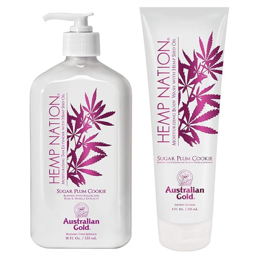 Australian Gold Hemp Nation Sugar Plum Cookie Bundle - Tan Extender Body Lotion (18 FL Oz) and Body Wash (8 FL Oz), Delectable Blend of Sugarcane, Plum, and Vanilla, Pure Hemp Seed Oil