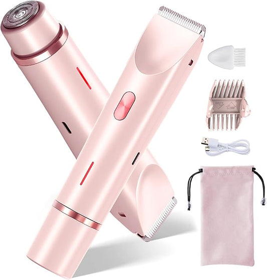 Bikini Trimmer for Women, 2 in 1 Dual-Head Electric Razors for Women Pubic Hair, Waterproof Wet/Dry Use Body Hair Trimmer Face Shaver, Rechargeable Hair Removal for Bikini Legs Face Underarm Arm Back