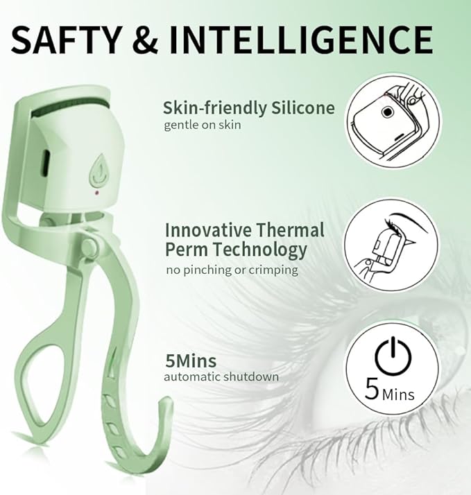 Heated Eyelash Curler – 5s Fast Heat-Up, 24H Long-Lasting Curls, Safe Anti-Burn Design – Rechargeable C-Shaped Electric Lash Curler for Stunning, Effortless Lashes, Green