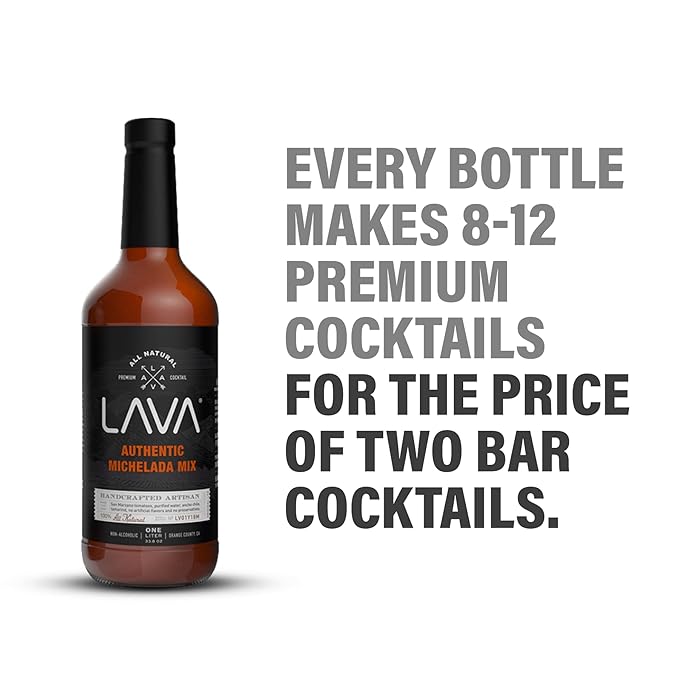 LAVA All Natural Authentic Michelada Mix Craft Cocktail Mixer, Made with Real Tomatoes, Ancho Chile Peppers, Tamarind, No Junk Ingredients, Vegan, 1-Liter (33.8oz) Glass Bottle, Ready to Use