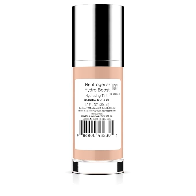 Neutrogena Hydro Boost Hydrating Tint Foundation Makeup for Dry Skin, with Hyaluronic Acid, Lightweight Oil-Free Water Gel, Non-Comedogenic, 20 Natural Ivory, 1.0 fl. oz