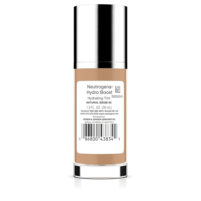 Neutrogena Hydro Boost Hydrating Tint Foundation Makeup for Dry Skin, with Hyaluronic Acid, Lightweight Oil-Free Water Gel, Non-Comedogenic, 60 Natural Beige 1.0 fl. oz