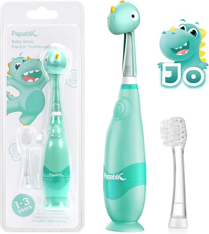 Papablic Toddler Sonic Electric Kids Toothbrush for Ages 1-3 Years, Baby Electric Toothbrush with Cute Dino Cover and Smart LED Timer, 2 Brush Heads (Jo)