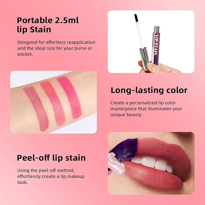 3 Pcs Peel Off Lip Stain Lip Tint Set, Lip Stain Peel Off Matte Lip Liner, Long-Lasting Lip Tint Stain Peel Off Lip Gloss, Waterproof Non-stick Cup Peel Off Lipstick Lip Stains for Women