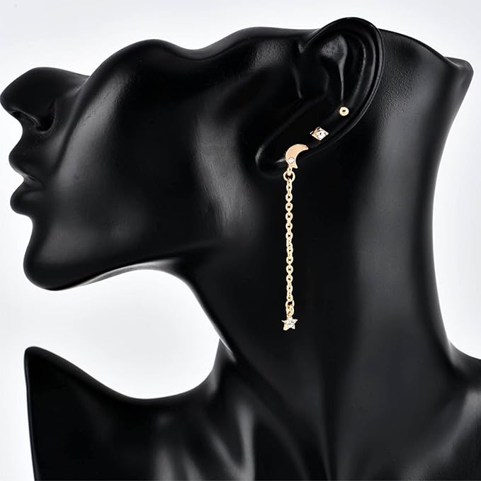 Bohemia Moon Star Dangle Earrings Gold Cz Moon Drop Chain Earrings Crystal Star Earrings Star Chain Earrings for Women and Girls