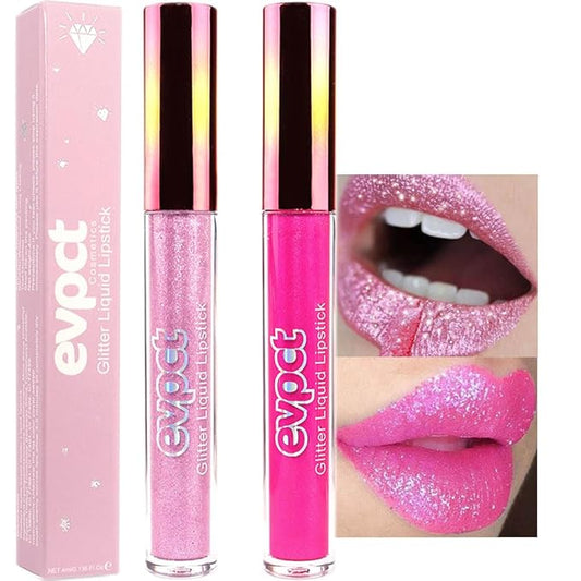 evpct 2Pcs Rose & Hot Pink Glitter Metallic Shimmer Diamond Lipstick Lip Gloss Set for Women Long Lasting Waterproof, Light Bright Rose Pink Sparkle Glitter Matte Liquid Lipstick Lip Makeup Kit
