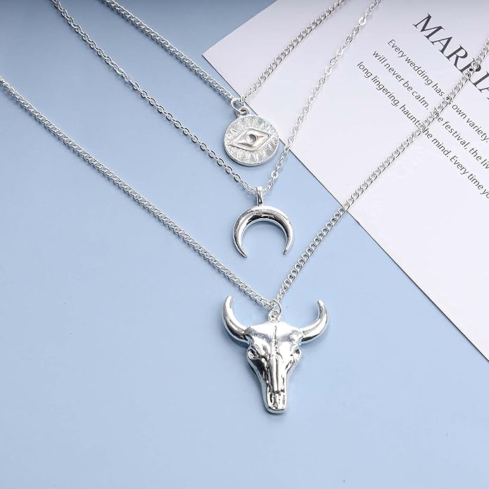 Boho Layered Moon Necklace Silver Compass Disc Pendant Necklace Chain Cow Evil Eye Charm Necklace Jewelry for Women