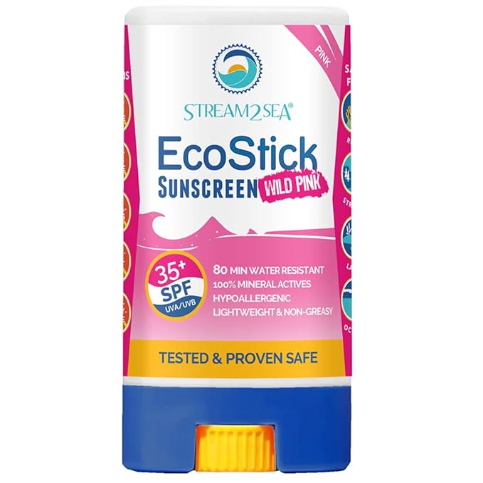 STREAM2SEA EcoStick SPF 35 Mineral Sunscreen Stick, Sweat Water Resistant Sunblock, USDA Approved Biodegradable Paraben Free Reef Safe Sunscreen Protection Against UVA UVB (EcoStick WildPink) - 0.5 oz