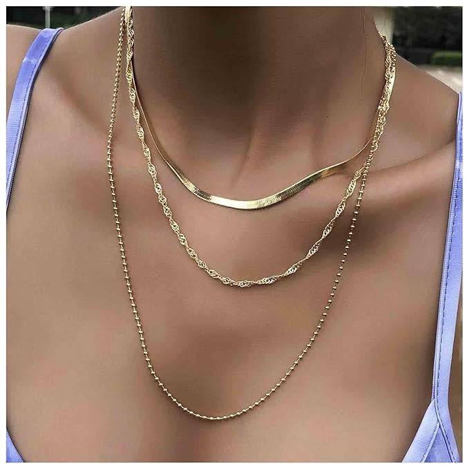 Punk Layered Chain Necklace Gold Flat Snake Chain Necklace Choker Vintage Herringbone Necklace Stacking Chunky Necklace Chain Jewelry for Women and Girls Gift