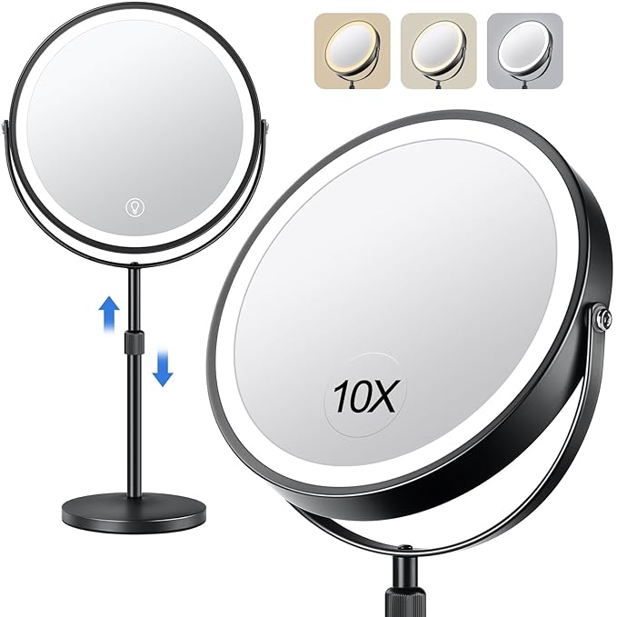 10x Large Lighted Makeup Mirror, Rechargeable 8" Height Adjustable Vanity Mirror, 1x/10x Magnifying Mirror with 3 Color, Brightness Adjustable, 360° Rotation Double Sided Mirror, Gift for Her(Black)