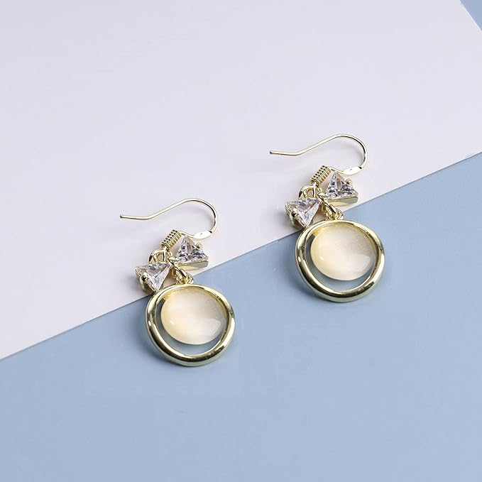 Vintage Circle Drop Earring Gold Cat Eye Stone Earrings Dangle Chalcedony Earrings with Bowknot Earrings Jewelry for Women and Teen Girls