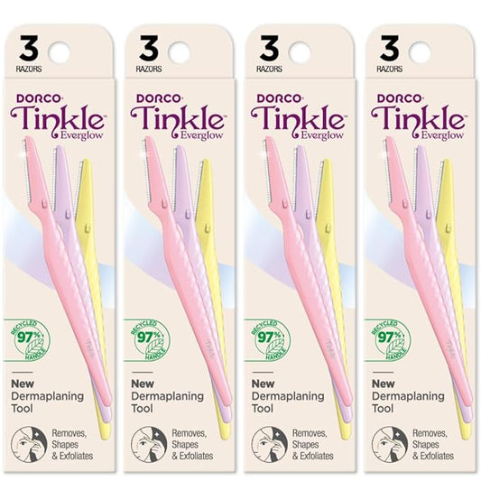 Dorco Tinkle Everglow, 12 Razors (4 Packs of 3), Eco-Friendly Dermaplaning Tool, Multipurpose Eyebrow Razor & Face Shaver