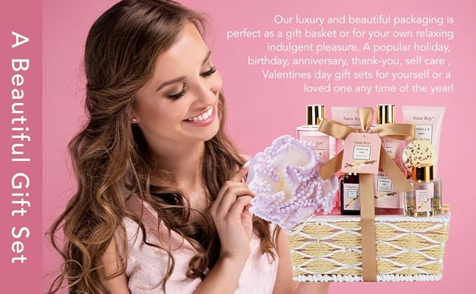 Bath and Body Gift Baskets for Women, 12 Pcs Vanilla Oat Spa Gifts for Women. Bath Gift Set Enriched Shea Butter. Home Spa with Shower Gel, Body Oil, Saint Roy Gifts for Mom