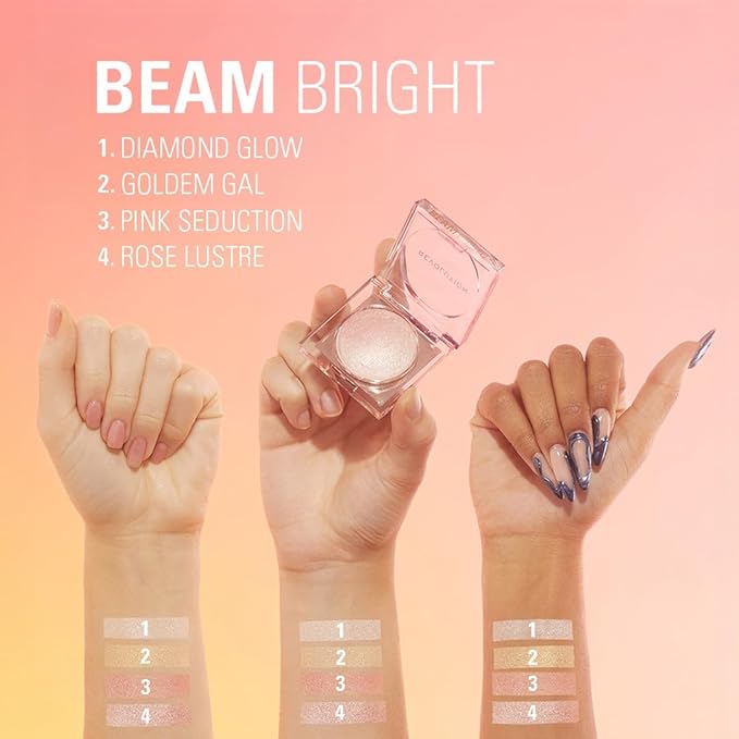 Makeup Revolution Beam Bright Highlighter, All Over Face Glow, Powder To Liquid Formula, 5 Different Shades, Rose Lustre