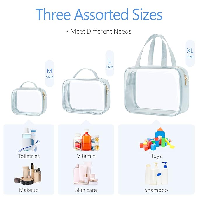 PACKISM Clear Toiletry Bags - 3 Pack Makeup Bags with Handle, Large Opening, Waterproof Cosmetic Bags for Travel Essentials, Grayish Blue