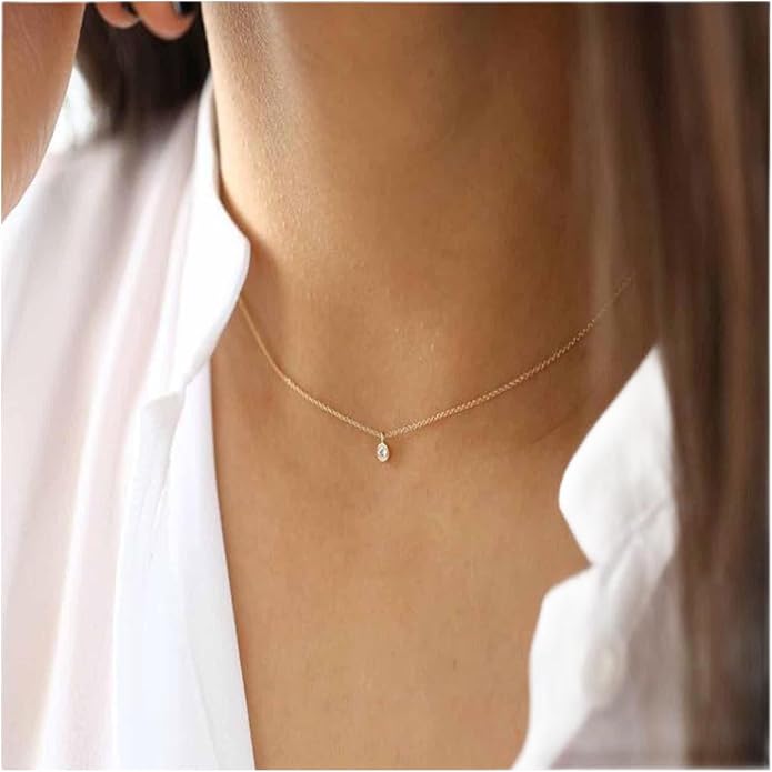 Boho Tiny Crystal Choker Gold Clear Quartz Pendant Necklace Minimal Dot CZ Choker Necklace Simple Everyday Necklace Wedding Necklace Jewelry for Women and Girls Gifts