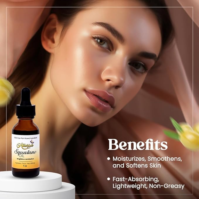 100% Organic & All Natural Plant-Based Squalane Oil for Face, Hair, & Body, Cold Pressed and Unrefined Premium Grade Multipurpose Facial Oil for Moisturize, Smooth, and Soften Skin - 1 Oz