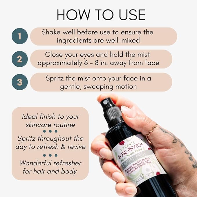 Organic & Vegan Rose Phyto³ Water Facial Spray - Moisturizing Face Mist & Setting Spray, Soothing, Hydrating Mist Rose Water For Face - Great for Facial Massaging (4 oz)