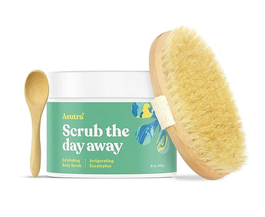 ASUTRA Dead Sea Salt Essential Oil Body Scrub Exfoliator and Dry Brush Bundle (Invigorating Eucalyptus), 16 oz - Ultra Hydrating, Gentle, & Moisturizing - Coconut, Eucalyptus, and Marjoram Oils