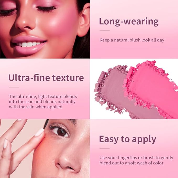Pink Powder Blush Palette, Multi-Use Makeup Blusher Pink Face Powder for Eyes, Lips, Cheeks, Blendable Formula