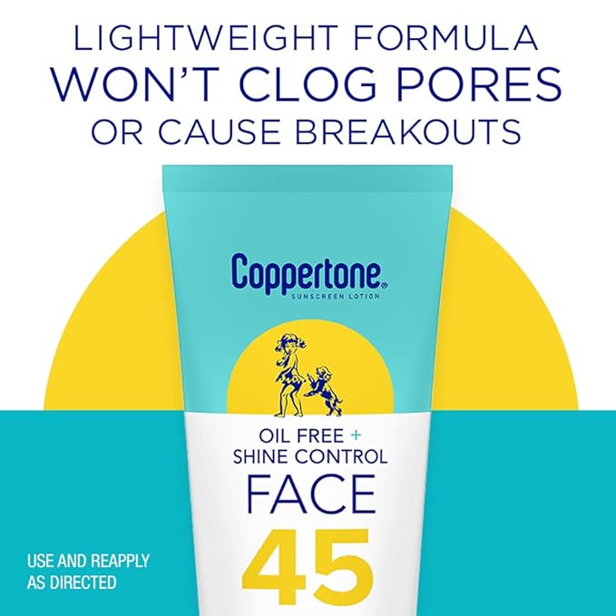 Coppertone Oil Free + Shine Control Sunscreen Face Lotion SPF 45, Lightweight Sunscreen for All Skin Tones, Won't Clog Pores, Fragrance Free, 2.5 Fl Oz Tube