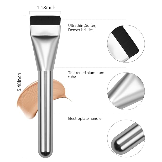 2Pcs Flat Foundation Brush,Face Mask Brush Makeup Spatula Facial Brush for Liquid Foundation Mask,Premium Face Korean Makeup Brush for Blending Cream (Silver&Silver)