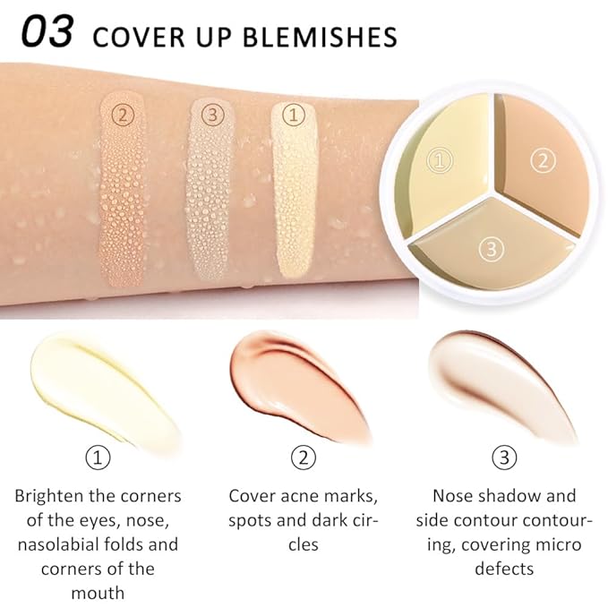 Kaely Tri Color Concealer Pot,Color Correcting Concealer for Dark Circles Spots,3 Color Cream Concealer Full Coverage,Foundation Contour Makeup Palettes,under Eye Brightener corrector de ojeras,03