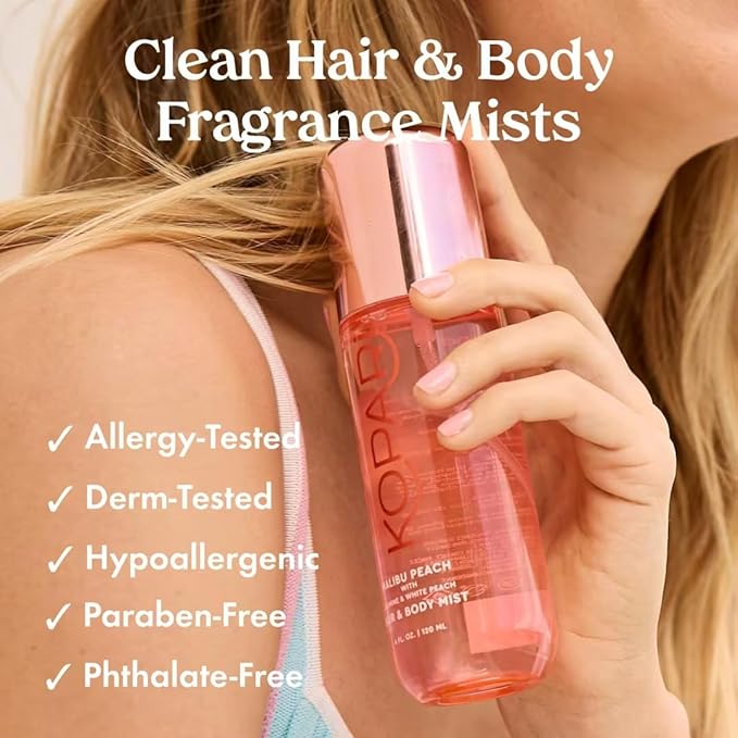 Kopari Hair & Body Mist Malibu Peach, Long-Lasting Playful Vibrant Tropical Scent, Warm Floral Fragrance, Blend of Peach with a Kiss of Jasmine, 4 oz