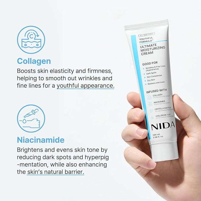 NIDA Youthful Formula™ Ultimate Moisturizing Cream | Centella Asiatica, Niacinamide, Hyaluronic Acid, Collagen | Wrinkles, Fine Lines, Dark Spots, Dry Skin, Redness | 3.38 fl. oz., 100ml