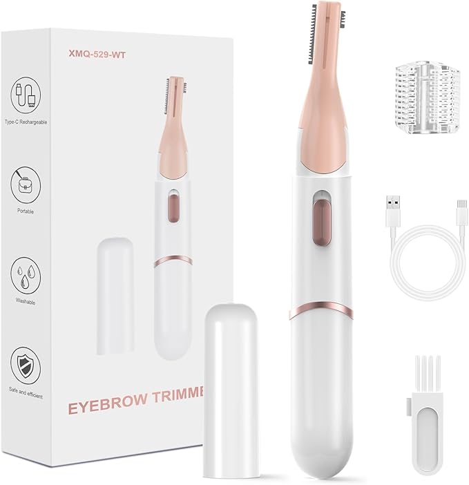 Eyebrow Trimmer, Women's Facial Hair Remover ＆ Eyebrow Trimmer with Pivoting Head - Rechargeable Double-Sided Eyebrow Razor with Comb, Portable Eyebrow Razor Electric, Easy Cleaning (White)