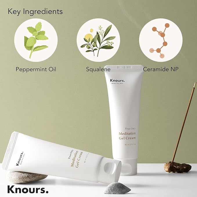 Knours. Light Weight Water Based Gel Moisturizer, Vegan Peppermint Squalane & Ceramide NP Hydrating Soothing Cooling (80ml 2.7 fl oz.)