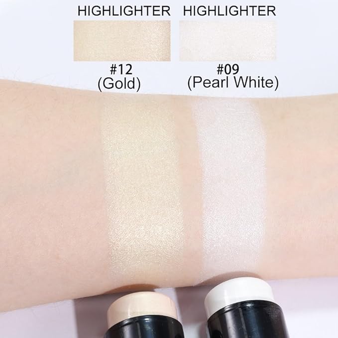 evpct 2Pcs Face Cream Makeup Highlighter Highlight Contour Stick Pearl White & Gold Glitter Contouring Highlighter Makeup Stick and Contour Illuminator Highly Piamented Long Lasting Skin Brighten 9+12