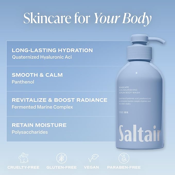 Saltair Body Wash, Seascape 2-Pack. Moisturizing Body Cleanser with Monoi Oil and Cupuacu Butter. Luxury Shower Gel for Women and Men. Vegan, Cruelty-Free, Paraben-Free. 2x 17oz Pump Bottles