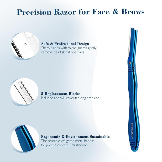 Dermaplane Razor for Women Face with 6 Refill Blades, Dermaplaning Tool Face Razors for Removes Facial Hair, Peach Fuzz, Reusable Metal Handle Eyebrow Razor (Blue)