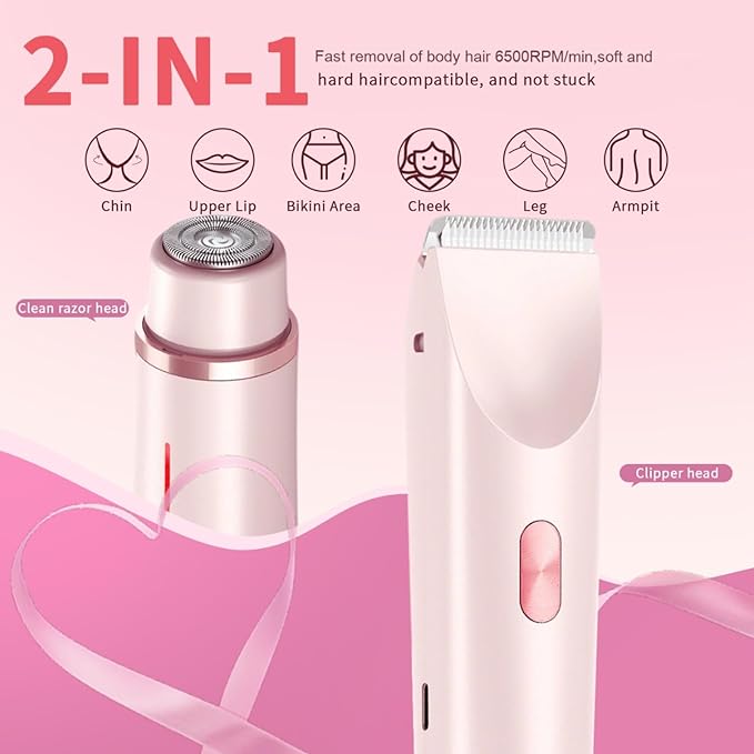 2025 New 2-in-1 Electric Shaver & Bikini Trimmer for Women - Painless Electric Razor for Face, Body & Intimate Areas, Cordless Wet/Dry Shaver with Dual Blades, Waterproof for Shower & Travel (Pink)