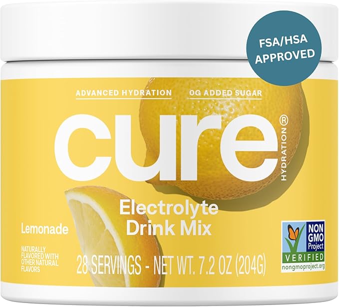 Cure Hydration | Plant-Based Electrolyte Drink Mix | No Added Sugar | Dehydration Relief Powder Made with Coconut Water | Non-GMO | Vegan | 28 Servings Jar - Lemonade