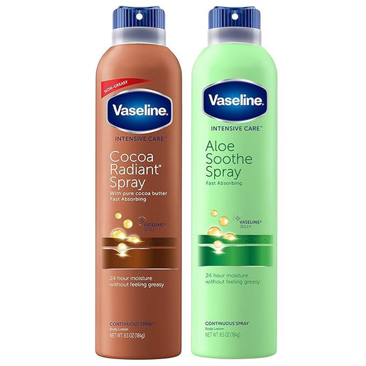 Vaseline Cocoa Radiant Spray + Aloe Soothe Spray Variety 2-Pack – Non-Greasy, Fast-Absorbing All-Over Moisturizer for Dry Skin, 6.5 Oz Ea