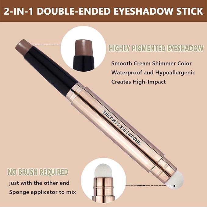 Matte Brown Eyeshadow Stick And Sponge Makeup Brush, Smooth Cream Shimmer Shadow Pencil Long Lasting Waterproof Eye Shadow Highlighter, Hypoallergenic Highlighter Multi-Dimensional Eyes Look #17