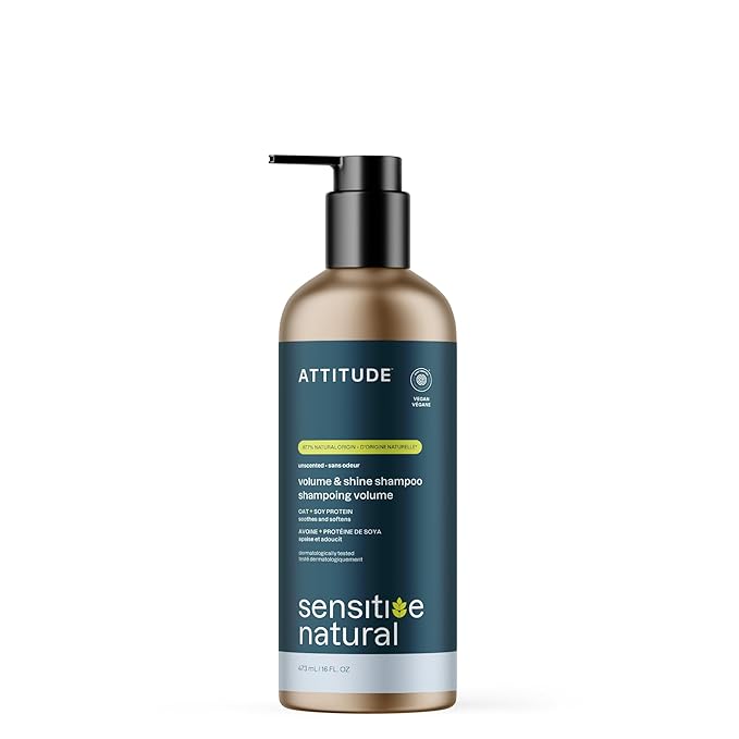 ATTITUDE Volume and Shine Hair Shampoo for Sensitive Dry Scalp, EWG Verified, Soothing Oat, Thin Hair, Naturally Derived Ingredients, Vegan Plant-Based, Unscented, Refillable Aluminum Bottle, 16 Fl Oz