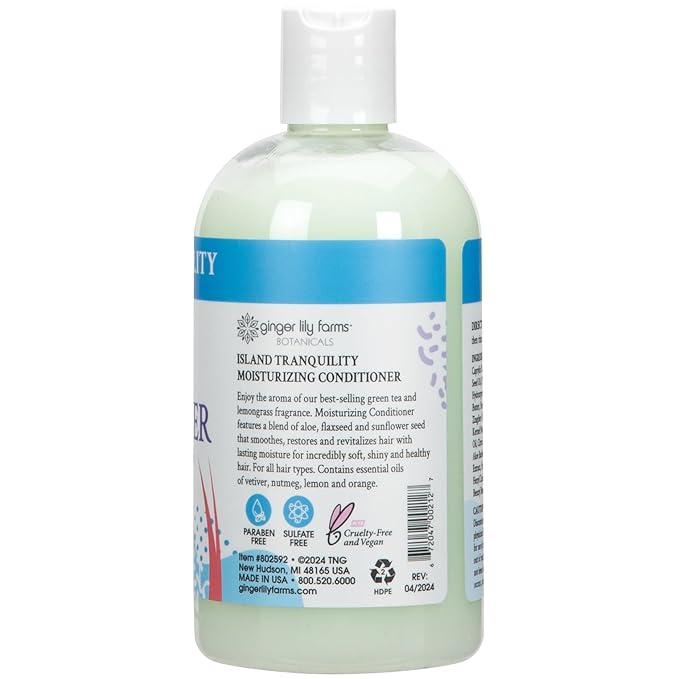 Ginger Lily Farms Botanicals Moisturizing Conditioner for Dry Hair, Island Tranquility, 100% Vegan & Cruelty-Free, Green Tea Lemongrass Scent, 12 Fl Oz (Pack of 6)