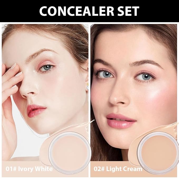Kaely 2Pcs Pot Concealer Full Coverage Set,under Eye Brightener Concealer for Conceals Dark Circles,Waterproof Foundation Face Makeup Brush Kit,Color Correcting Concealer,01+02